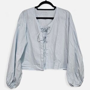 DAILY DRILLS Poplin Tie Front Top Light Blue Long Sleeve M/L Beachy Casual ~